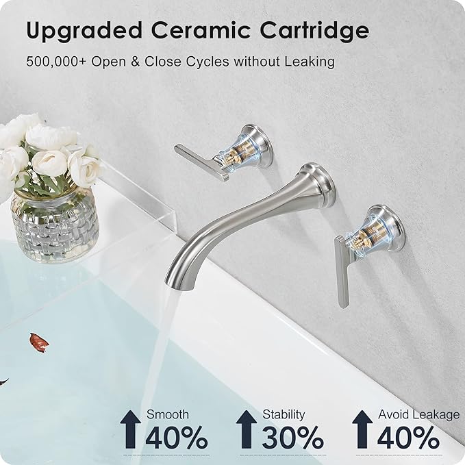 Brass Wall Mount Tub Filler, High Flow 8" Spout Reach Brushed Nickel Bathtub Faucet, 2 Handles Tub Faucets, Rough in Valve Included