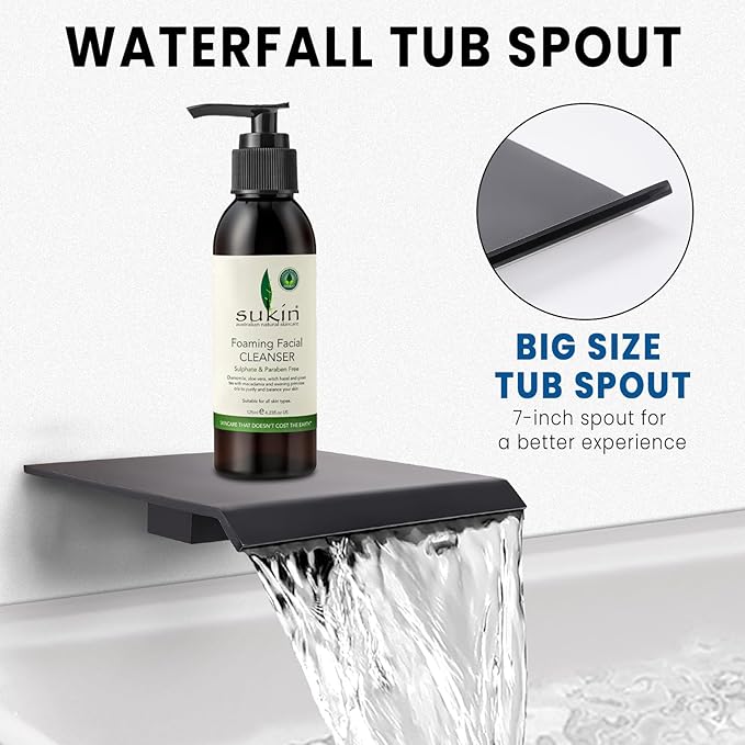Wall Mounted Shower Faucet Set, Shower System with Tub Spout, 12 Inch Rainfall Shower Head with Handheld Spray, Waterfall Tub Spout Bathtub Faucet, Black