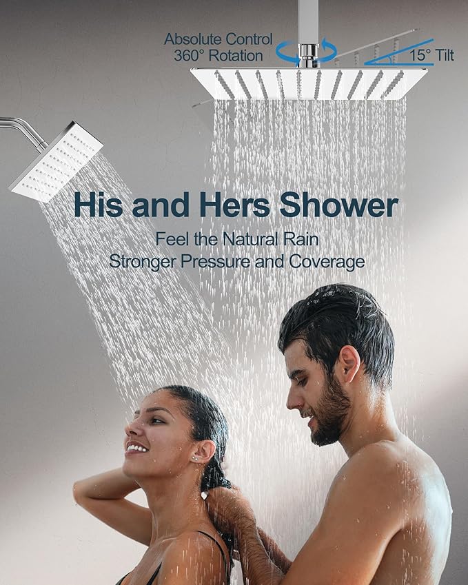 Thermostatic Shower System, Dual Rainfall Shower Heads for Ceilling & Wall Mounted with Handheld Sprayer, Chrome
