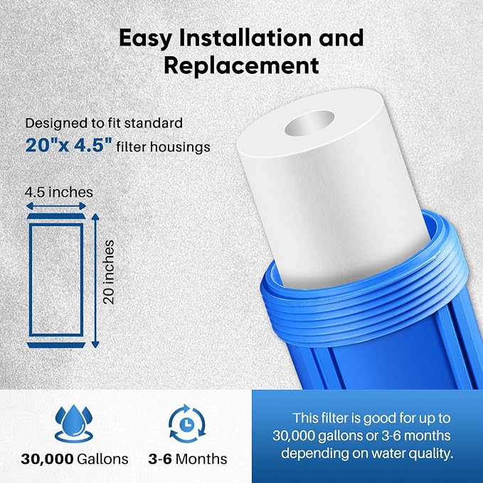 PUREPLUS 20 Micron 20" x 4.5" Whole House Sediment Home Water Filter - Image 8