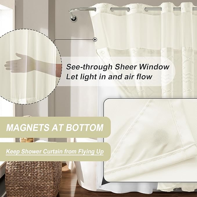 No Hooks Stall Shower Curtain with Snap in Liner- Water Repellent Tufted Chevron Striped Shower Curtains for Bath Tubs, Narrow Hotel Quality Bath Curtain Set, 36Wx74H, Beige