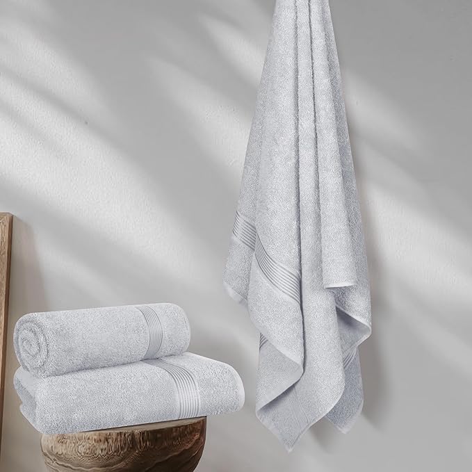 BELZZI Home Ultra Soft 4 Pack Oversized Bath Towel Set 27x54, Cotton Compact Bath Towels, Highly Absorbant Eco-Friendly Quickdry & Lightweight Towel, Ideal for Gym Travel Camp Pool - Light Grey