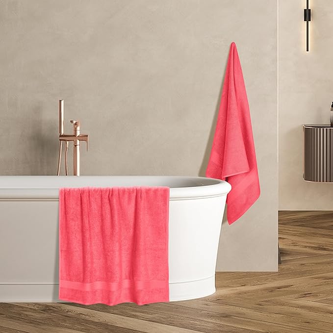 GLAMBURG Premium Cotton 4 Pack Bath Towel Set - 100% Pure Cotton - 4 Bath Towels 27x54 - Ideal for Everyday use - Ultra Soft & Highly Absorbent - Coral Orange
