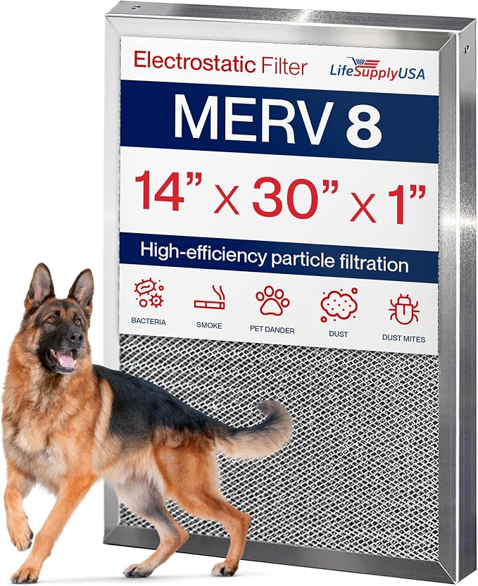 14x30x1 Electrostatic Air Filter, MERV 8, Reusable Furnace AC/HVAC Filter by LifeSupplyUSA