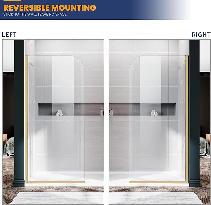 Glass Shower Panel, 34" W x 74" H Semi-Framed Fixed Shower Glass Panel in Brushed Gold with 5/16"(8mm) Clear Tempered Glass Door, Simple Shower Door Panel for Bathroom