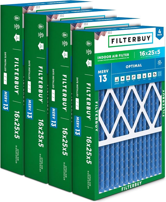 Filterbuy 16x25x5 Air Filter MERV 13 Optimal Smoke & Allergy Defense, Pleated by Filterbuy