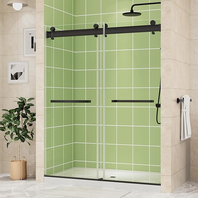 DELAVIN 56-60" W x 75" H Double Sliding Frameless Shower Door, Glass Shower Door with 1/4"(6mm) SGCC Tempered Glass, Noiseless Shatterproof Shower Doors Stainless Steel, Aluminum, Black