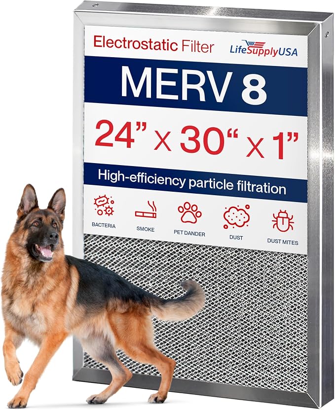 24x30x1 Electrostatic Air Filter, MERV 8, Reusable Furnace AC/HVAC Filter by LifeSupplyUSA