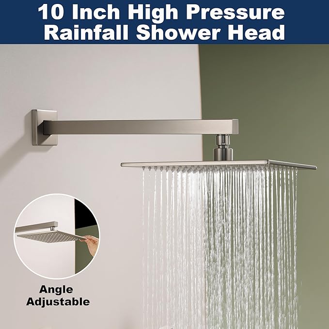 Shower System with Tub Spout, All Metal Bathtub Shower Faucet Set with High Pressure 10 Inch Rain Shower Head and Handheld Shower Head Set, Brushed Nickel (Valve Include)