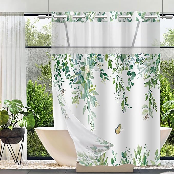 No Hook Shower Curtain and Liner Set, Light Green Eucalyptus Floral Shower Curtains for Bathroom, Bath Curtain Sets with Snap in Liner, Waterproof with See Through Top Window, 71x77 Inches