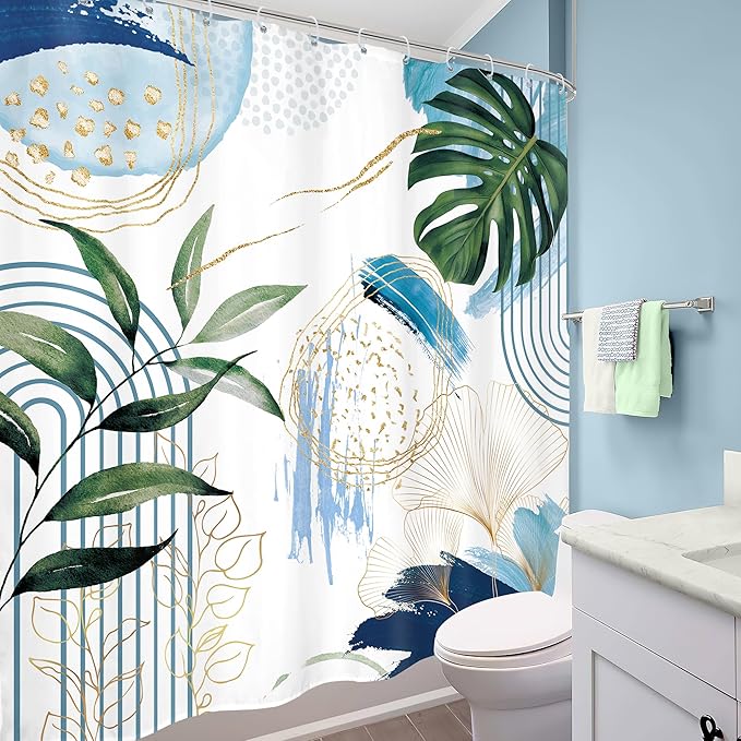 Blue Boho Shower Curtain 72Wx72H Modern Mid Century Abstract Blue Gold Tropical Leaves Palm Minimalist Plant Bathroom Decor Geometric Arch Bath Curtain Fabric Polyester 12 Pack Hooks