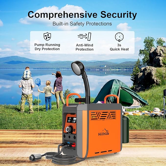 Hillhub Portable Propane Water Heater with Water Pump&Showerhead, Camping Instant Hot Water Heater with Overheating Protection, Outdoor Use Only Built-in battery for Showering&Cleaning