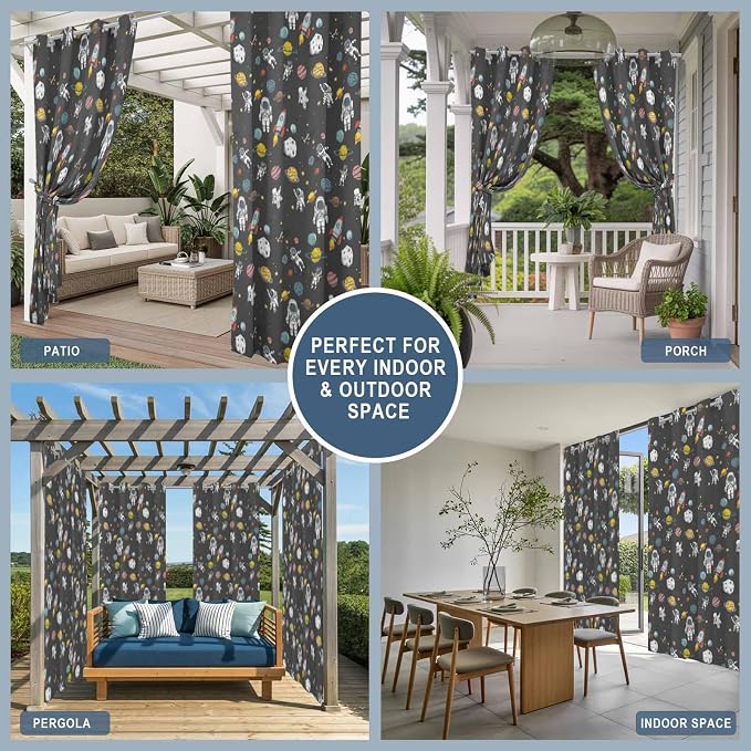 Cartoon Space Outdoor Curtains for Patio Rockets Planets Astronauts Gray - Image 8