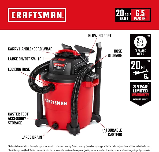 CRAFTSMAN CMXEVBE17596 20 Gallon 6.5 Peak HP Wet Dry Vac, Heavy-Duty Shop - Image 2