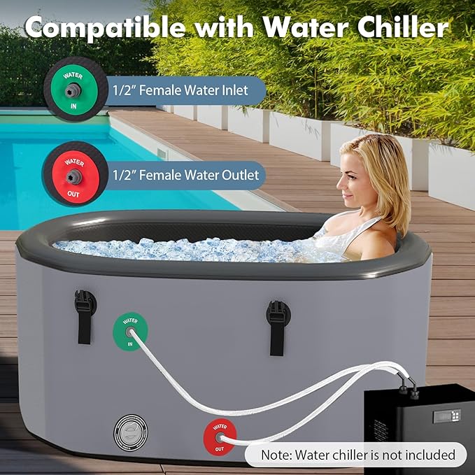 Goplus XL 129 Gal Oval Ice Bath Tub for Athletes, Inflatable Cold Plunge Tub w/Multiple Layered, Lid, Pump, Backpack, Water Chiller Compatible Portable Freestanding Ice Bath for Adults (Gray)