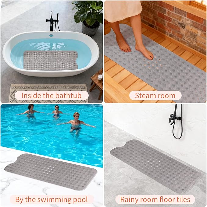 Anti-Slip Bathtub Shower mat, 39.3×15.7 inch（Approximately 100 × 40cm） Soft Oversized Machine Washable Non-Slip Bathtub mat with Drainage Holes, Bathroom Floor Suction Cup.（1-Clear Gray）
