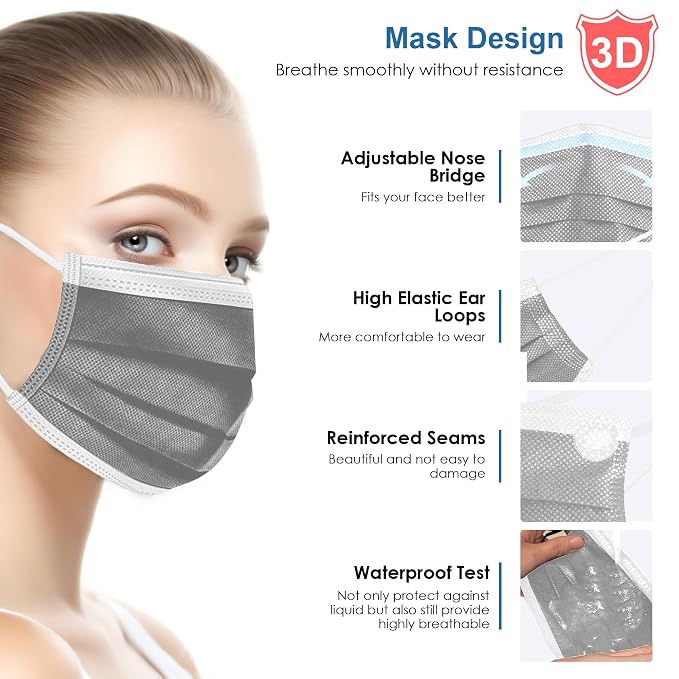 NNPCBT Grey Disposable Face Masks 125 Pack, 3-Ply Breathable Mask - Image 3