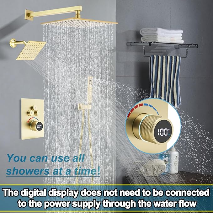 Digital Display Dual Head Shower system Rain Shower System Shower Wall Mount 10 Inch Ceiling Shower Head with 6 Inch Shower Head with shower handheld(Brushed Gold)