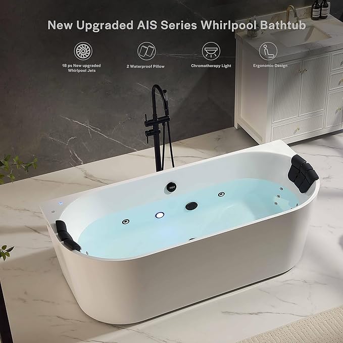 Empava Update Acrylic Whirlpool Bathtub, 71-Inch Freestanding Gracefully Oval Shaped Jetted Bathtub with Healing Chromotherapy, 18 Hydromassage Jets, Single-Ended Bathtubs, Black Nozzles