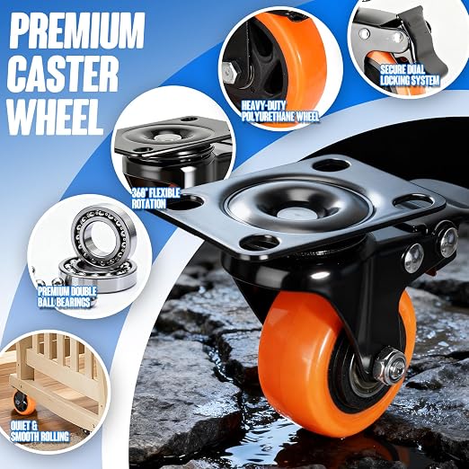 2 Inch Caster Wheels Set of 4, Dual Locking Small PU Casters 150LB Each - Image 6