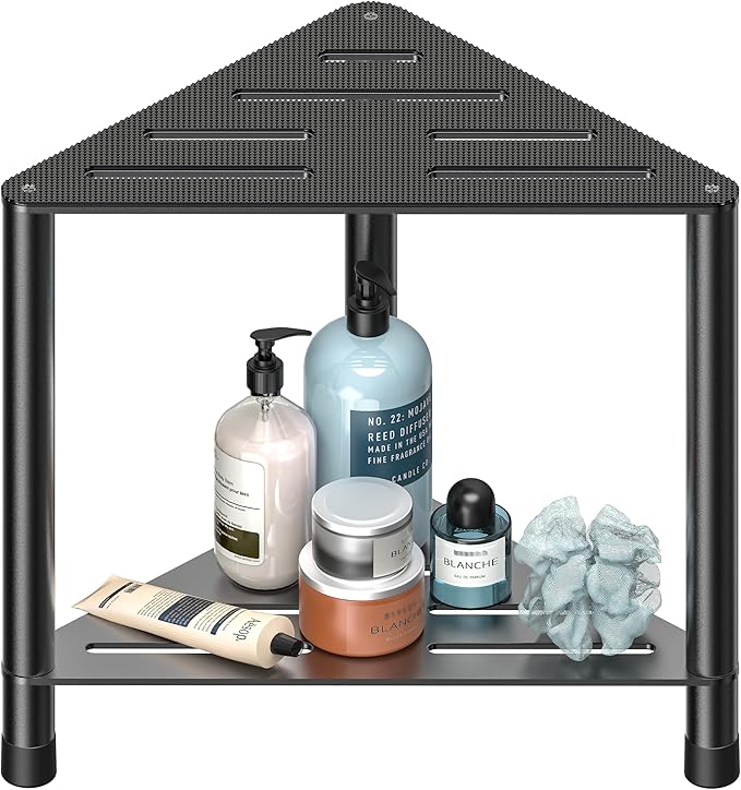 Stainless Steel Large Shower Stool for Inside Shower, 15.4'' H Shower Foot Rest, Corner Shower Stool with Storage Shelf, Shower Step for Shaving Legs, Bathroom Corner Shower Bench, Black