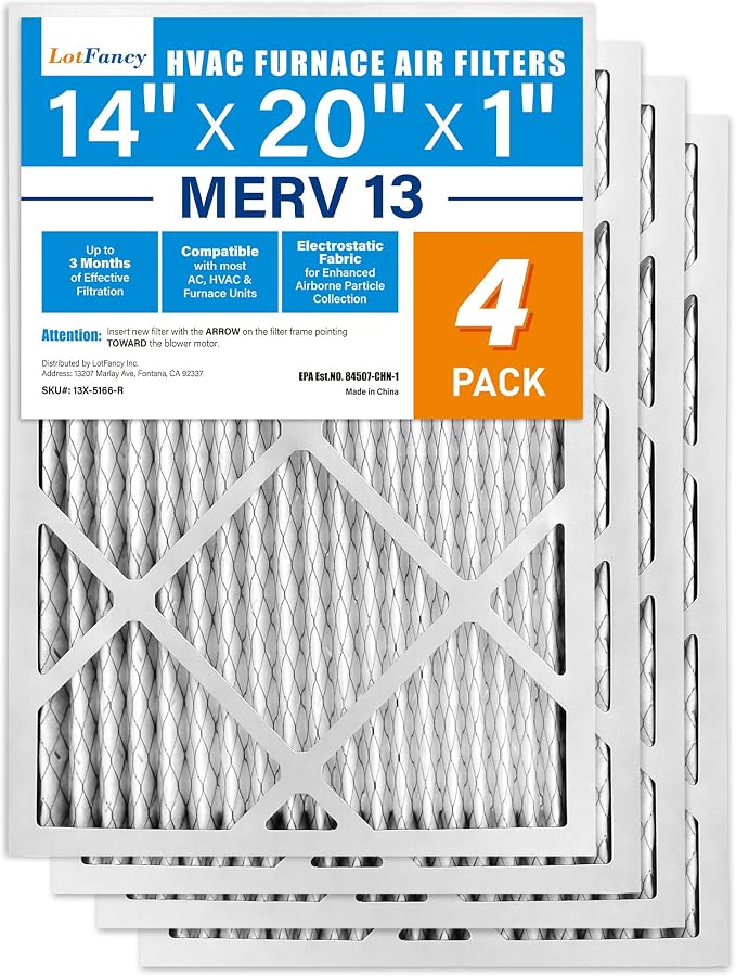 LotFancy 14x20x1 Air Filter MERV 13 4-Pack, Electrostatic Pleated HVAC Furnace by LotFancy