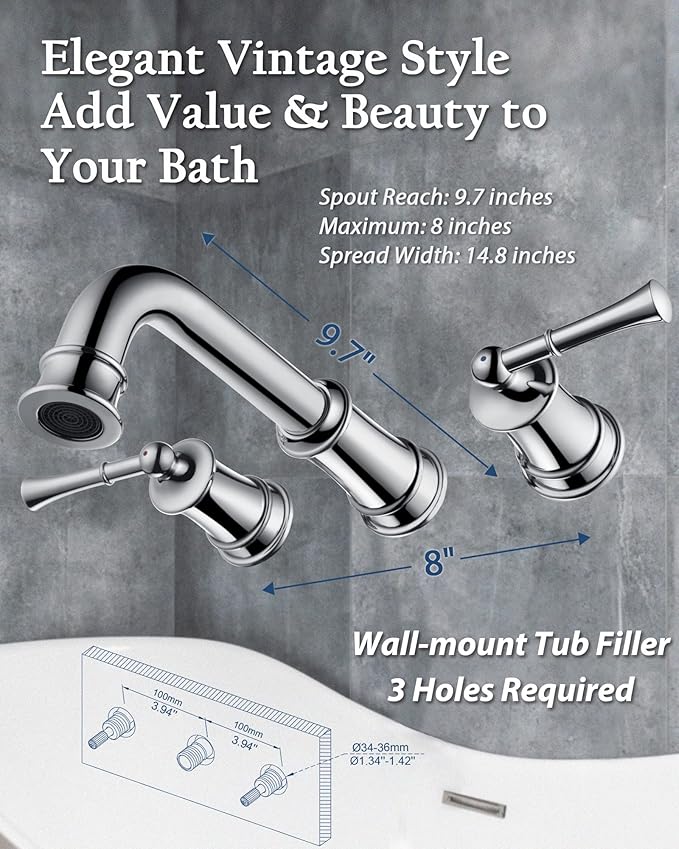 High Flow Wall Mount Tub Filler with Rough-in Valve, Brass Roman Tub Faucet 2 Handle Bathtub Faucet 360° Swivel Spout, Polished Chrome(B2306-CP)