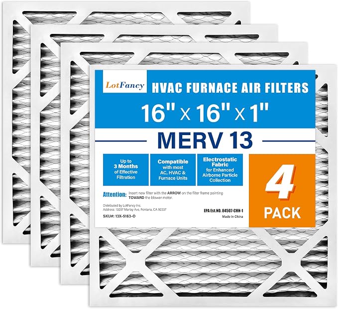 LotFancy 16x16x1 Air Filter MERV 13 4-Pack, Electrostatic Pleated HVAC Furnace by LotFancy