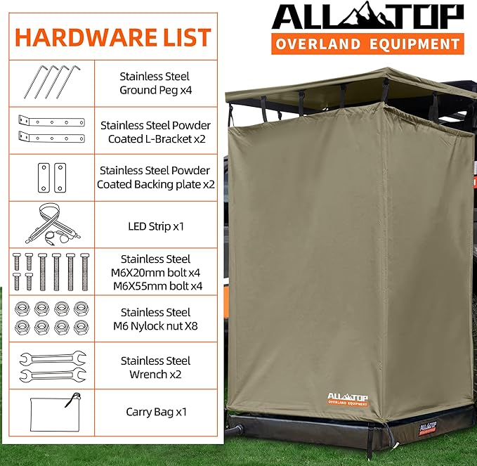 ALL-TOP Awning Shower Room w/Foldable Floor Mat, 3.3ft x 3.3ft, Privacy Shelter Restroom w/Roof, LED Light, Drain Pipe, Carside Bathroom