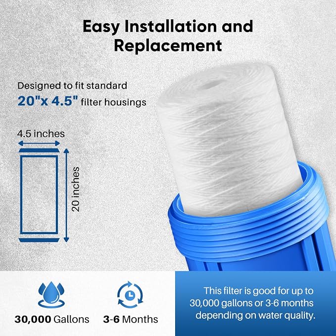 PUREPLUS 5 Micron 4.5" x 20" Whole House String Wound Sediment Filter - Image 2