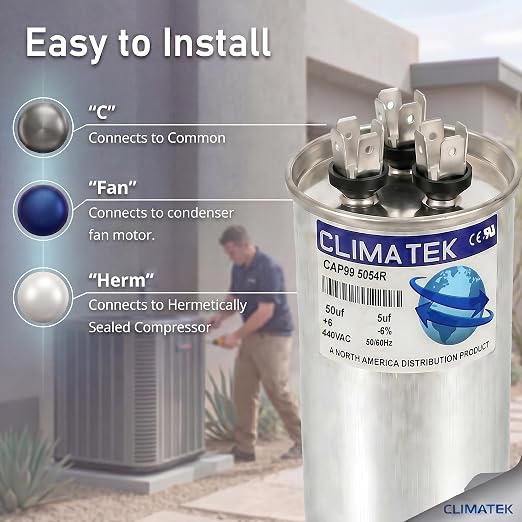 ClimaTek 50 + 5 MFD 370/440 Volt Dual Run Round Capacitor CAP99-5054R | 50/5 VAC - Image 3