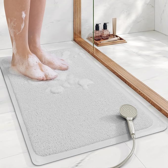 Mecko Non Slip Shower Mats,17x30 Inch,Anti-Slip Bathtub Mats with Suction Cups for Bathroom, Foot Scrubber Loofah Bath Mats for Shower, Quick Drying Shower Stall Mats for Wet Areas (White)