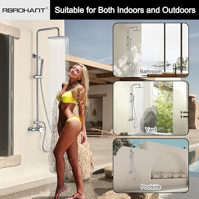 RBROHANT Outdoor Shower, Wall Mount Outdoor Shower Kit, Outside Shower Faucet with Height Adjustable Rain Shower and Handheld, Exposed Shower System for Pool, Wall Mounted, Polished Chrome, JK0146