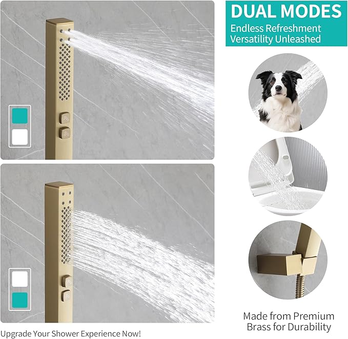 Brushed Gold Rain Shower System Combo: 10" Wall-Mounted Shower Fixtures with 2-in-1 Handheld Spray, Shower Valve with Body Jets, and Waterfall Spout Shower Faucet Set