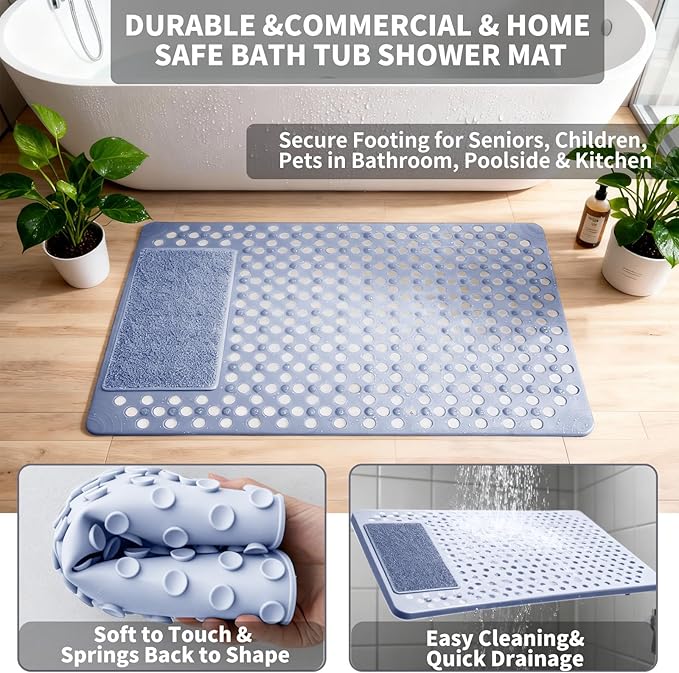 Bath Tub Shower Mat with Soft Shower Foot Scrubber Mat for Massage,Non Slip Bathtub Mat with Strong Suction Cups, Silicone Shower Foot Scrubber Mat (Dusty Blue, 27.5" X 15.7"(Rectangular))