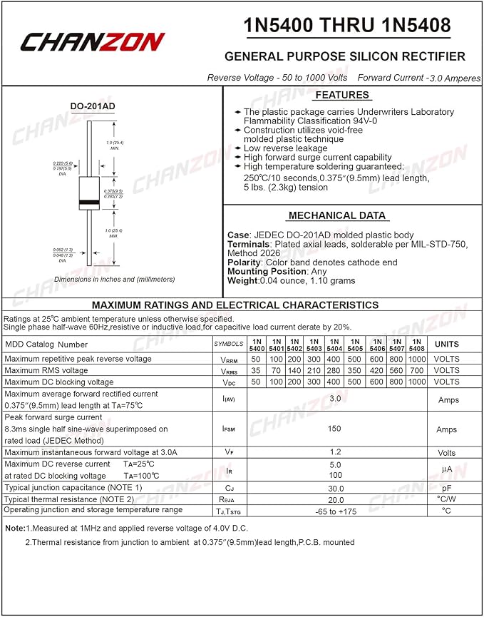 Chanzon 1N5408 Rectifier Diode 3A 1000V DO-201AD Axial 5408 IN5408 3 Amp 1000 - Image 2