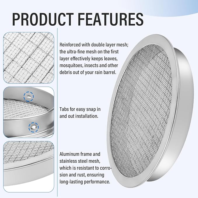 ANTOBLE Rain Barrel Screen, 6 Inch Ultra Fine Mesh Aluminum Rain Barrel Top - Image 3