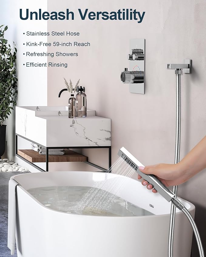 Thermostatic Shower System, Dual Rainfall Shower Heads for Ceilling & Wall Mounted with Handheld Sprayer, Chrome