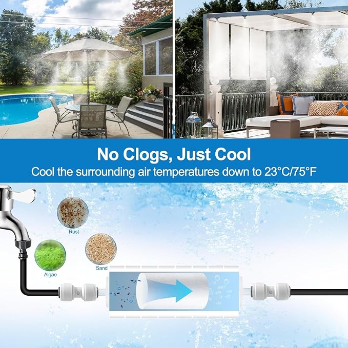 Pre-Assembled Misters for Outside Patio, Outdoor Misting Cooling System w Filter - Image 2