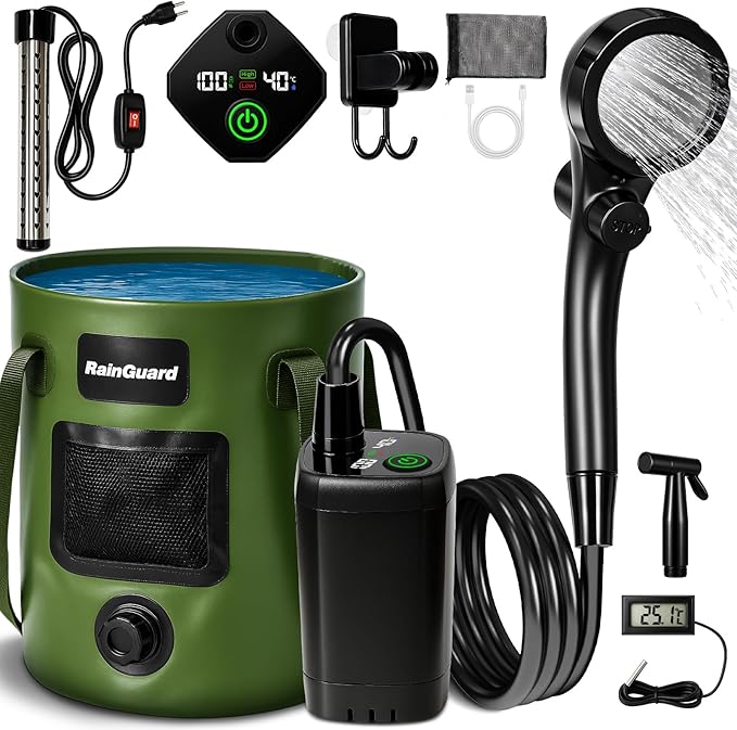 Portable Shower for Camping, 6000mAh Rechargeable Camp Shower Pump with Large Capacity Foldable Bucket, Filtered Shower Head, Outdoor Camp Shower Pump for Hiking, RV, Traveling, Car Washing, Pet Bath