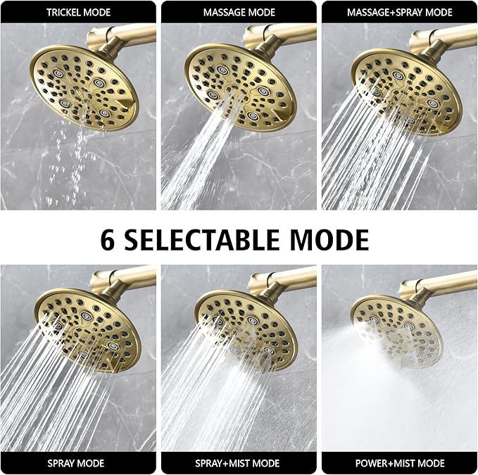 sumerain 2-in-1 Dual Shower Heads with Shut-off Valve for Two People,High Pressure 6 Function Sprayer and 20" Long Shower Arm,Brushed Gold
