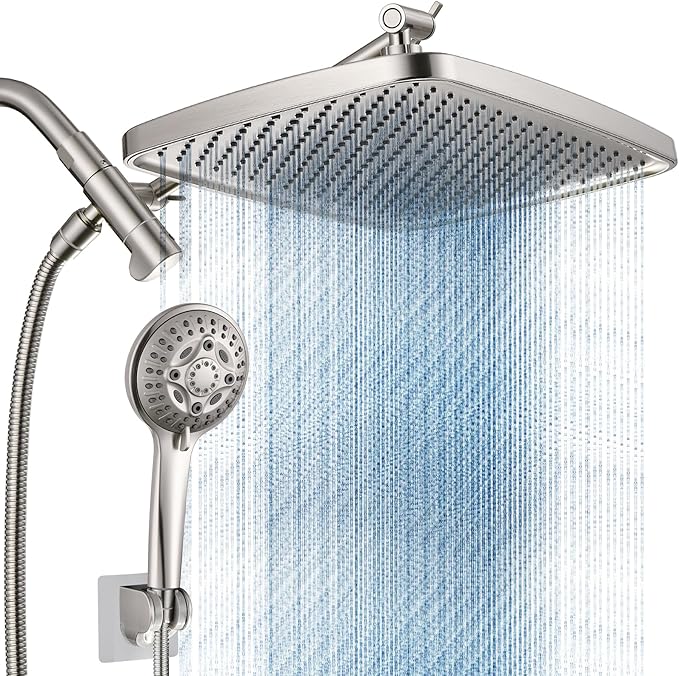 Cobbe 12'' High Pressure Rain Shower Head with Extension Arm - Dual Shower Heads with 8 Modes Handheld Spray Combo - Wide RainFall shower with Anti-Clog Nozzles, Adhesive Showerhead Holder, Brushed