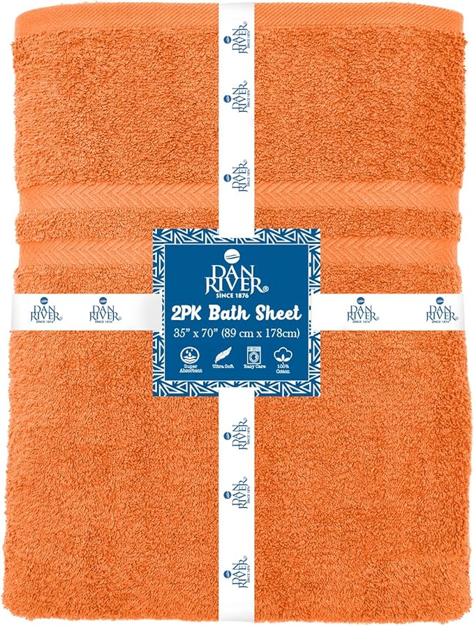 DAN RIVER 2 Pack Luxury Bath Sheets 35x70, 600 GSM, Soft & Quick Dry 100% Ring Spun Cotton Towels Ideal for Hotels, Spas, Gyms & Salons Extra Large, Orange