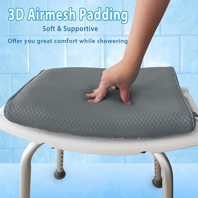 Shower Seat Cushion, Shower Chair Cushion for Transfer Benches in Bathtub, Cushion for Sauna, 3D Mesh Pad with Hook, Slip-Resistant, Design for Elderly, Senior, Handicap Disabled