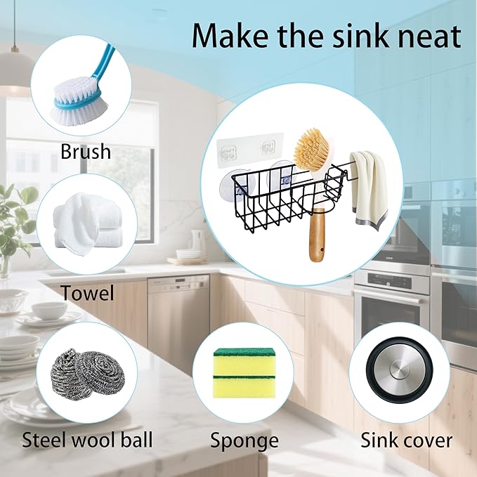 Sponge Holder with Dish Cloth Hanger for Kitchen Sink, In-sink Caddy Organizer with Suction Cups & Adhesive Strips, Rustproof Sponge Rack for Soap, Brush, Scrubber - Black