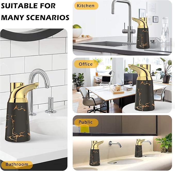 Adjustable Automatic Soap Dispenser Touchless, Ceramic Material，4 Adjustable Levels， Type-c Rechargeable Operated Sensor Liquid Soap Pump，Touch-Free Hand Sanitizer Dispenser (Black Gold)