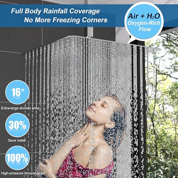 Enga Shower Jets System in Wall, 16 Inch Rain Shower Head with Body Spray Thermostatic Shower Faucet Set, Can Use All Functions At a Time (Volume Adjustable)