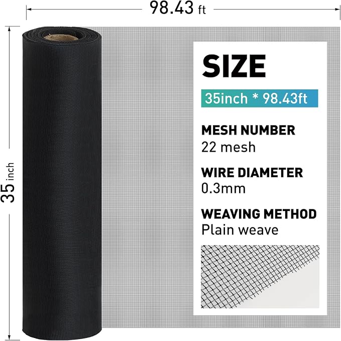 304 Stainless Steel Mesh Window Screen Roll, 35IN x 98.43FT Black Metal Window - Image 3