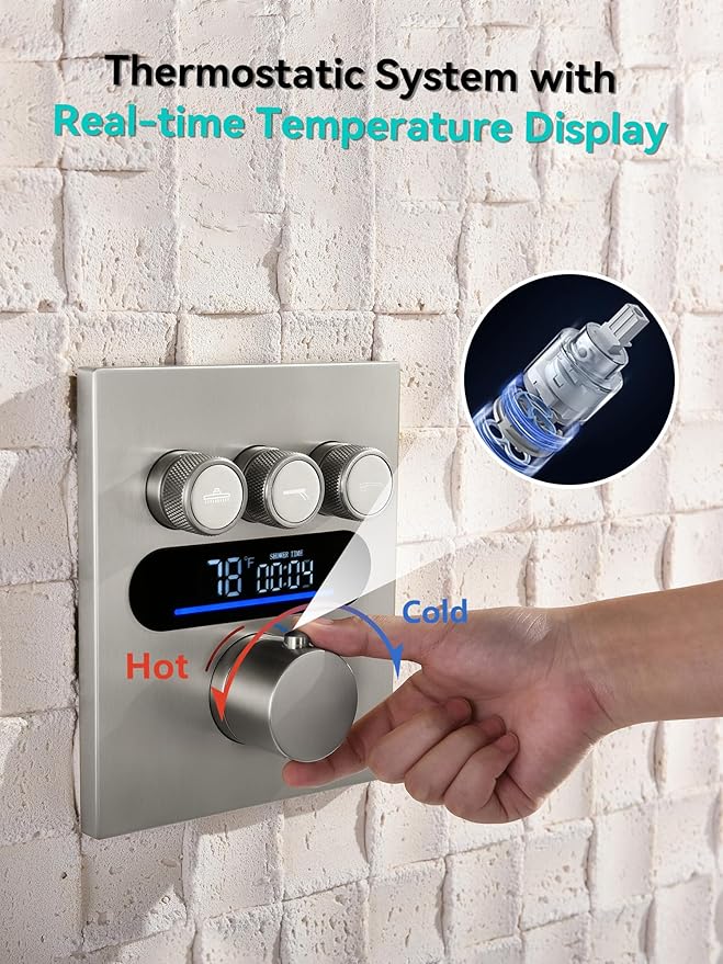 Lefton Shower System in Fahrenheit Display (Battery-free), 10” Overhead Shower Head with All-in-one Handheld Spray Showerhead and Bathtub Faucet, 4-in-1 Control System, SSWM2502 (Brushed Nickel)