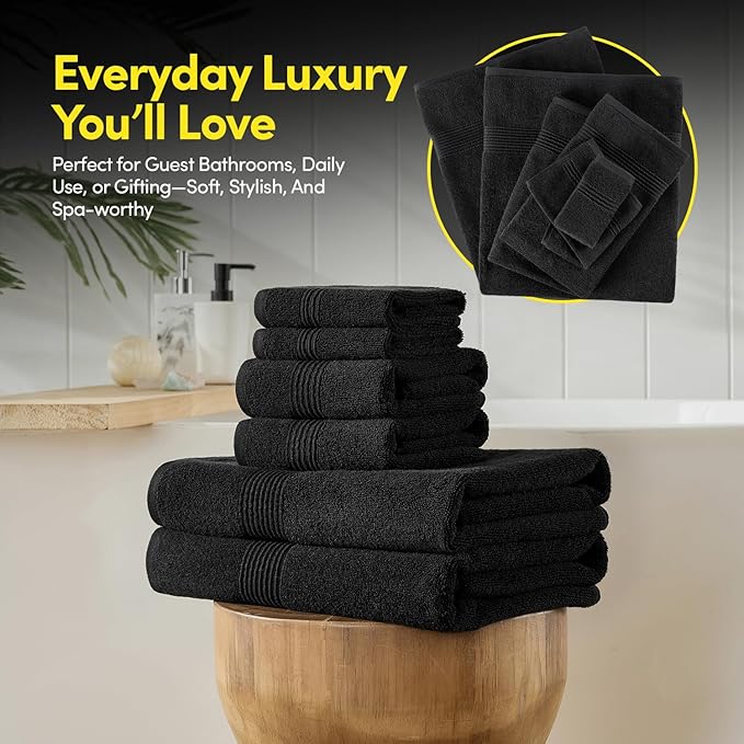 Bath Towels 8 Piece Towel Set – 100% Combed Cotton – Bath + Hand + Washcloths – Oeko-TEX Certified Soft & Absorbent Towels with Durable Double-Stitched Edges for Bathroom or Guest Spa, Black